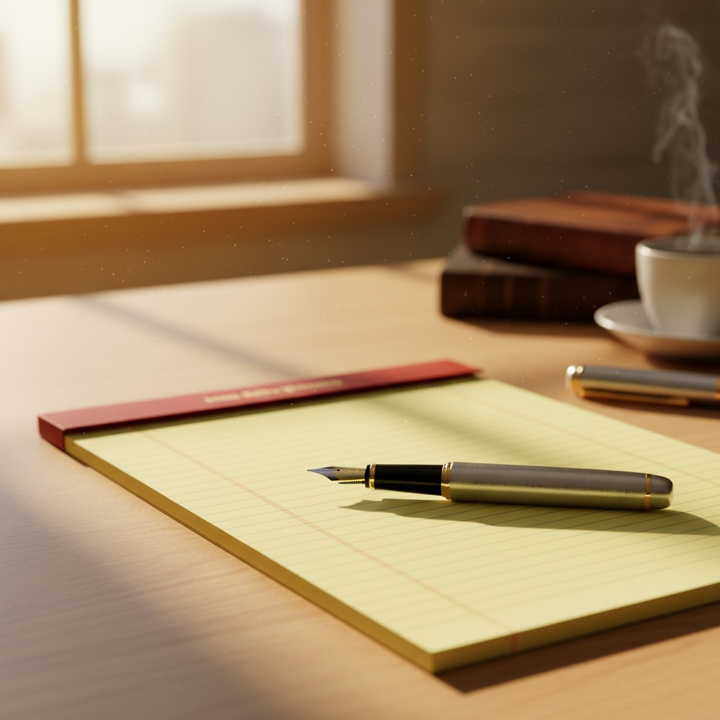 A fountain pen rests on a yellow legal pad on a wooden desk near a steaming cup of coffee and books.